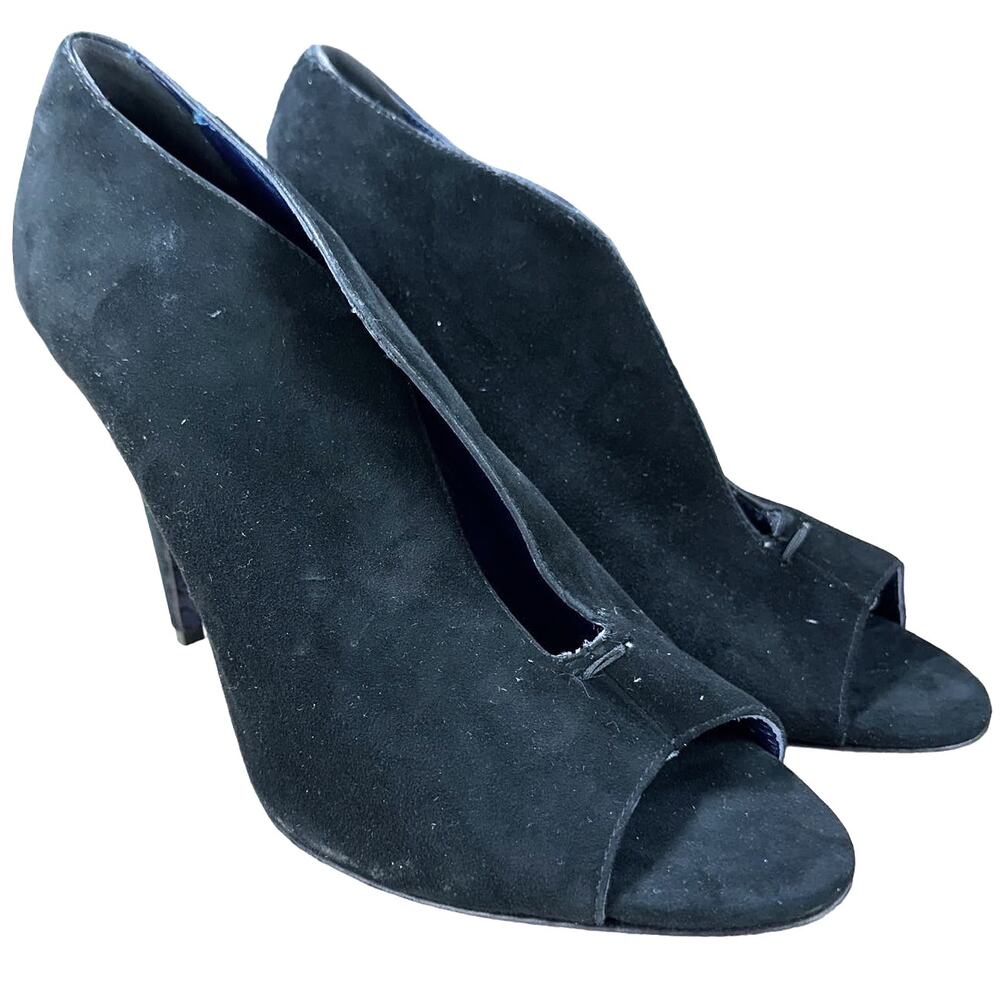 Valentina Rangoni Slip On Black Suede Stiletto Pumps Peep Toe Size 10M GUC